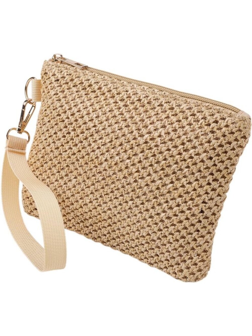 Beige Straw Woven Cosmetic Pouch | Bohemian Beach Clutch for Travel & Toiletries